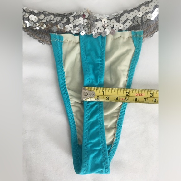 Silver sequins and teal thong and garter set, fits like L imo, stretchy. - Picture 6 of 7